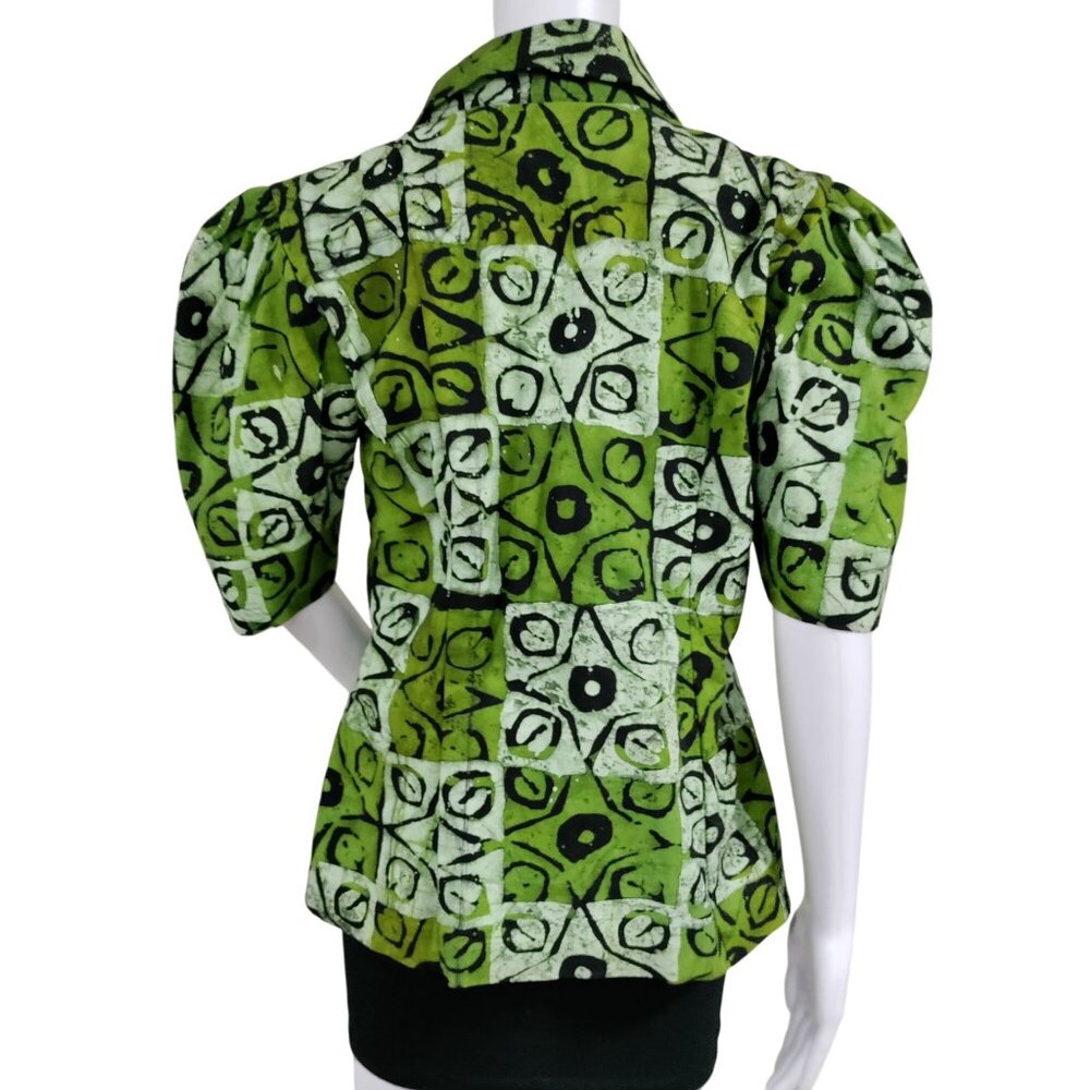 African Handsewn Print Tribal Cotton Puff Sleeve Office Button-Up Shirt Green S - Picture 4 of 11